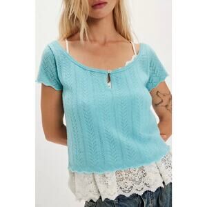Free People Hera Cashmere Pointelle Short Sleeve Cropped Sweater Teal Large NWT